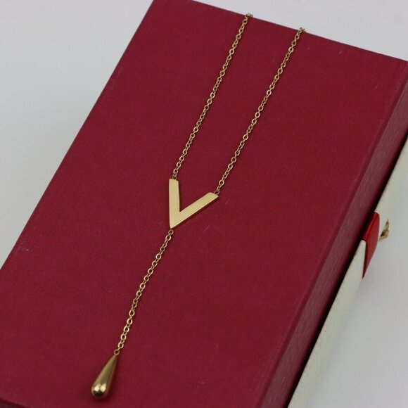 Golden Y-Shape Necklace with Drop Charm Adjustable Chain, XPNL0373 - Picture 3 of 12